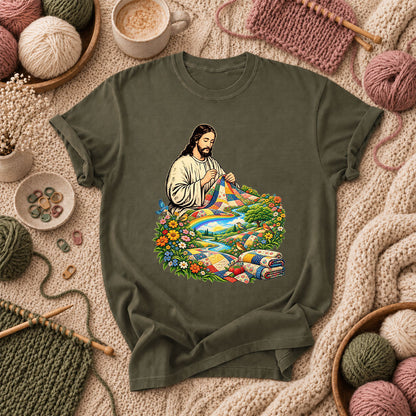 Jesus Quilting In Rainbow Flower Meadow T-Shirt - Military Green