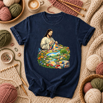 Jesus Quilting In Rainbow Flower Meadow T-Shirt - Navy