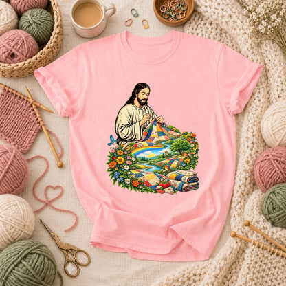 Jesus Quilting In Rainbow Flower Meadow T-Shirt - Pink