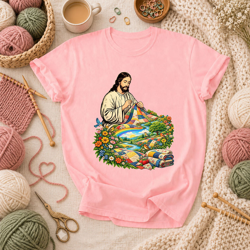 Jesus Quilting In Rainbow Flower Meadow T-Shirt - Pink