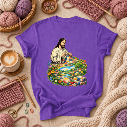 Jesus Quilting In Rainbow Flower Meadow T-Shirt - Purple