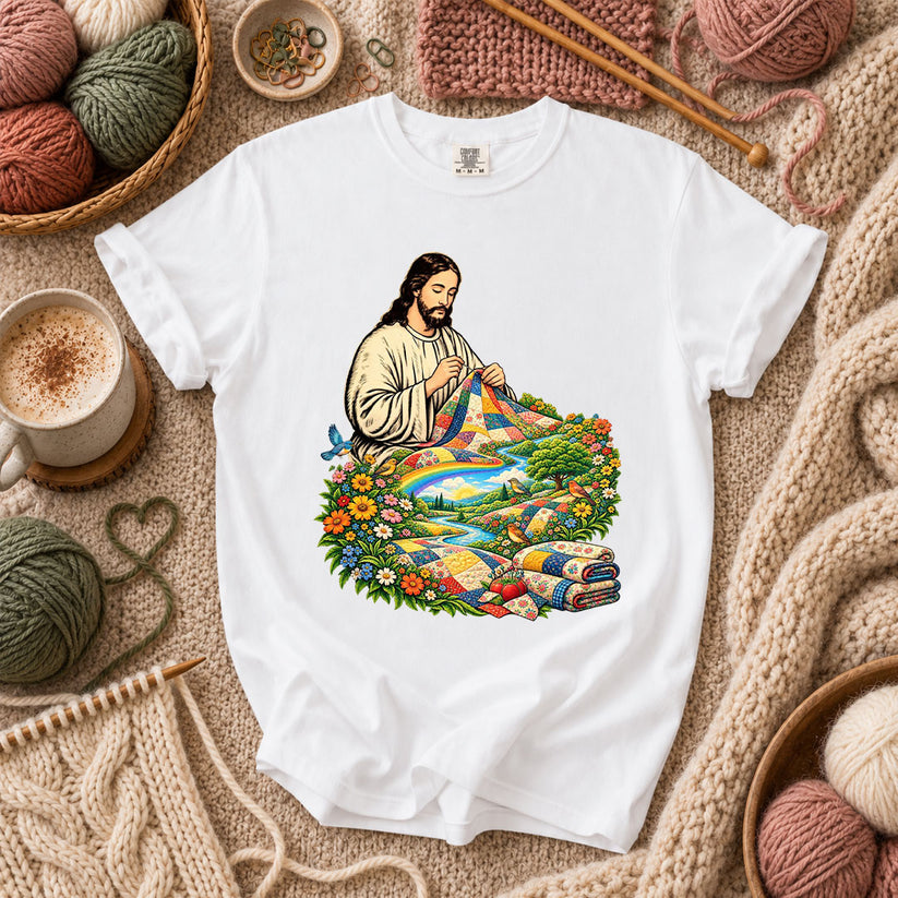 Jesus Quilting In Rainbow Flower Meadow T-Shirt - White