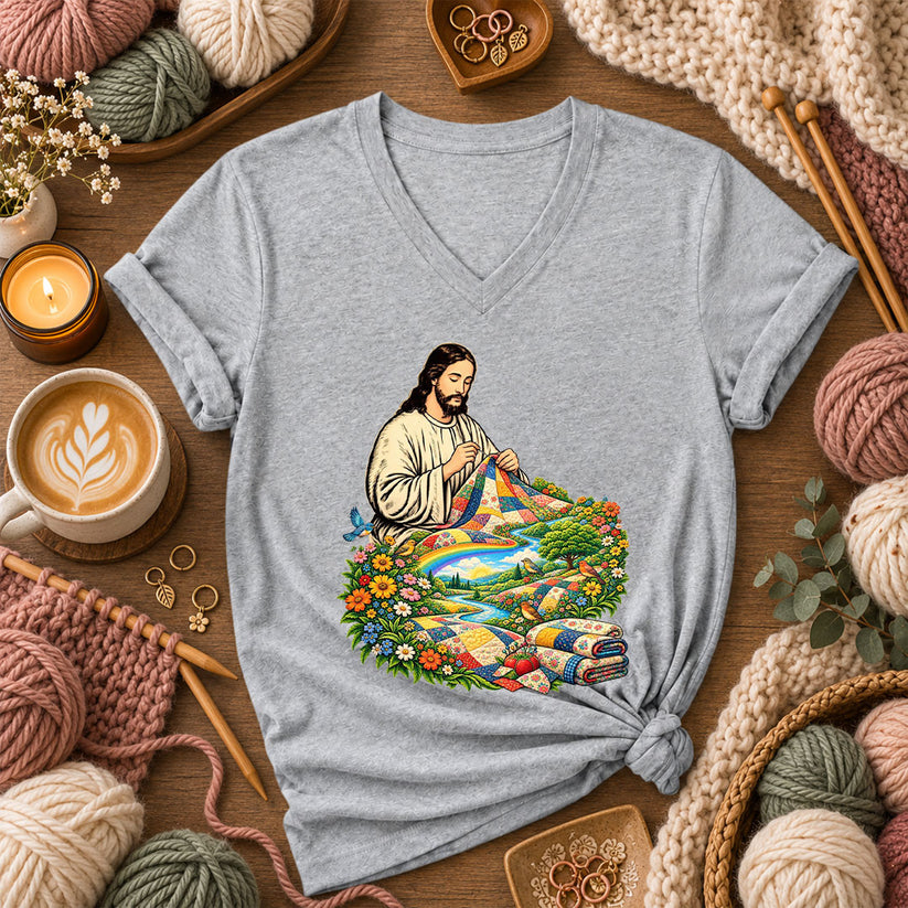 Jesus Quilting In Rainbow Flower Meadow Women's V-Neck - Athletic Heather