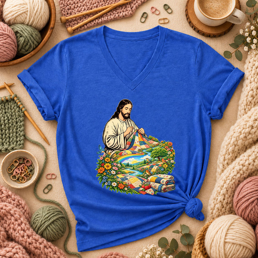 Jesus Quilting In Rainbow Flower Meadow Women's V-Neck - Heather True Royal