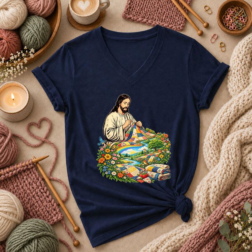 Jesus Quilting In Rainbow Flower Meadow Women's V-Neck - Navy