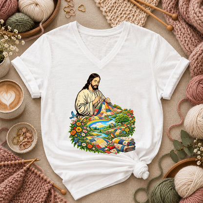 Jesus Quilting In Rainbow Flower Meadow Women's V-Neck - White