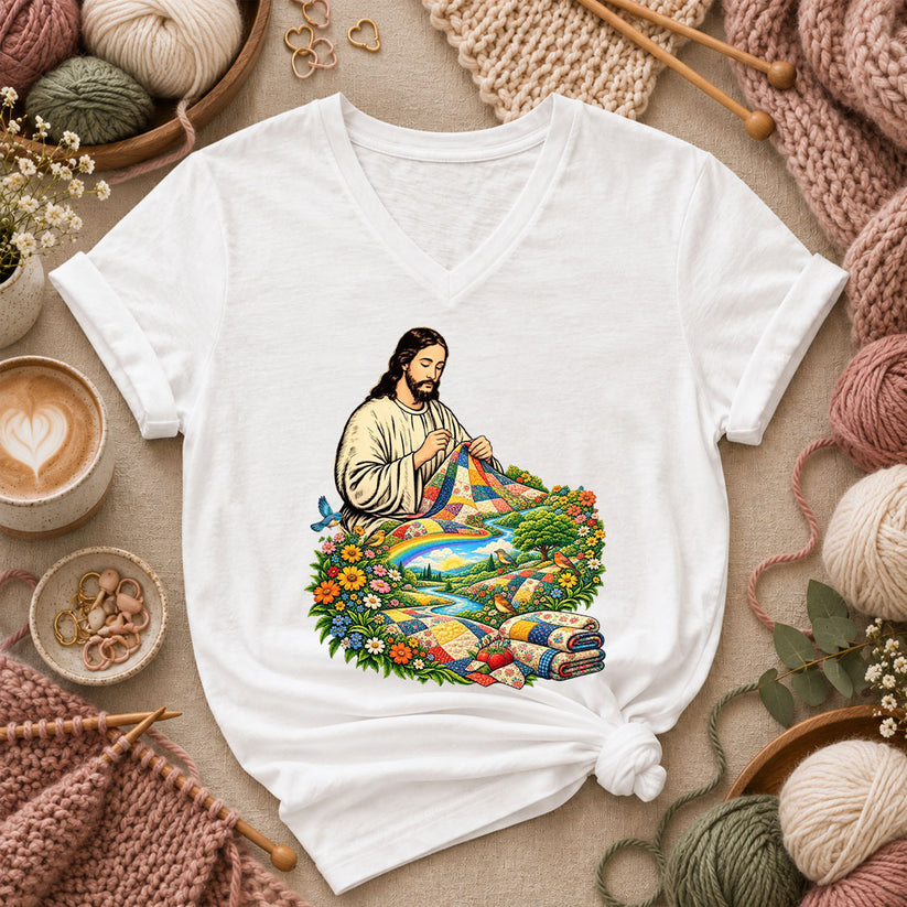 Jesus Quilting In Rainbow Flower Meadow Women's V-Neck - White