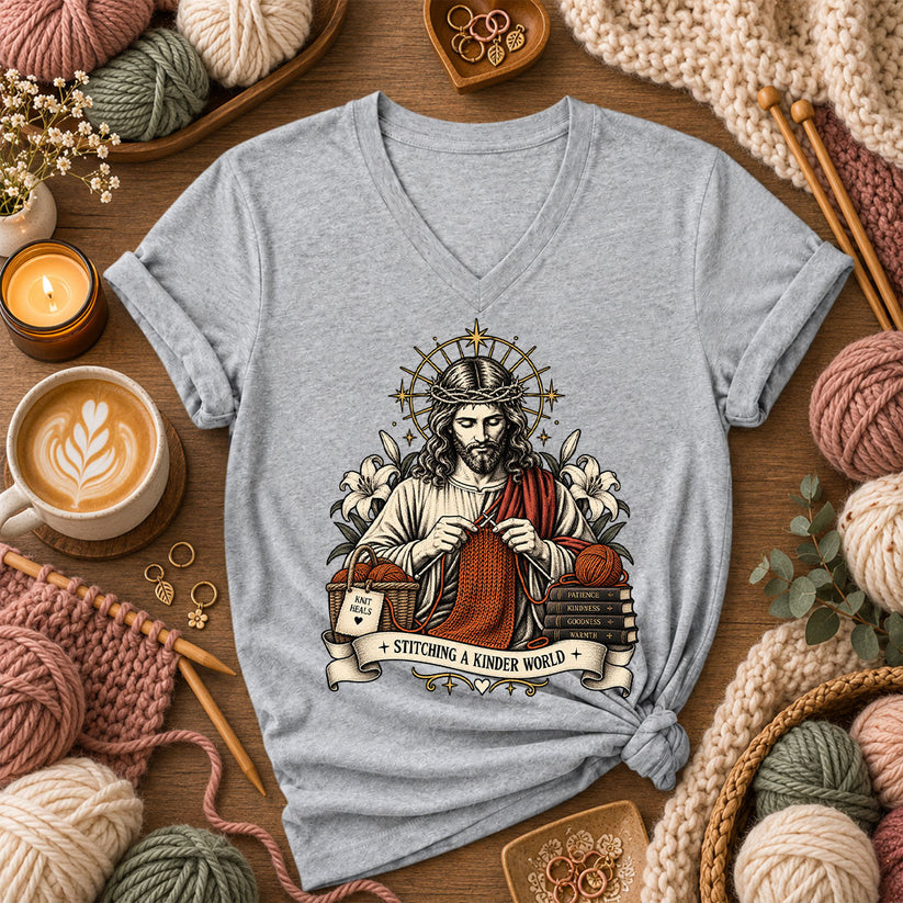 Jesus Stitching A Kinder World Women's V-Neck - Athletic Heather