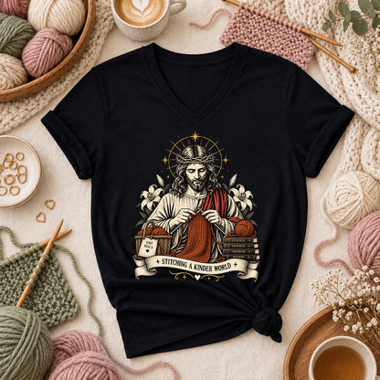 Jesus Stitching A Kinder World Women's V-Neck - Black
