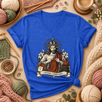 Jesus Stitching A Kinder World Women's V-Neck - Heather True Royal