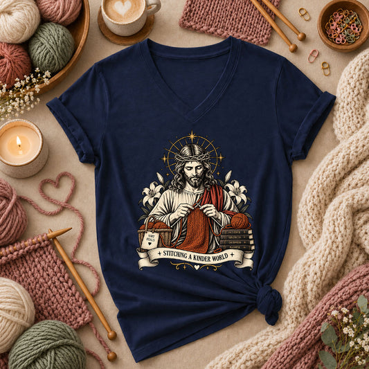 Jesus Stitching A Kinder World Women's V-Neck