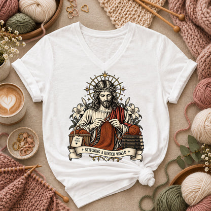 Jesus Stitching A Kinder World Women's V-Neck - White