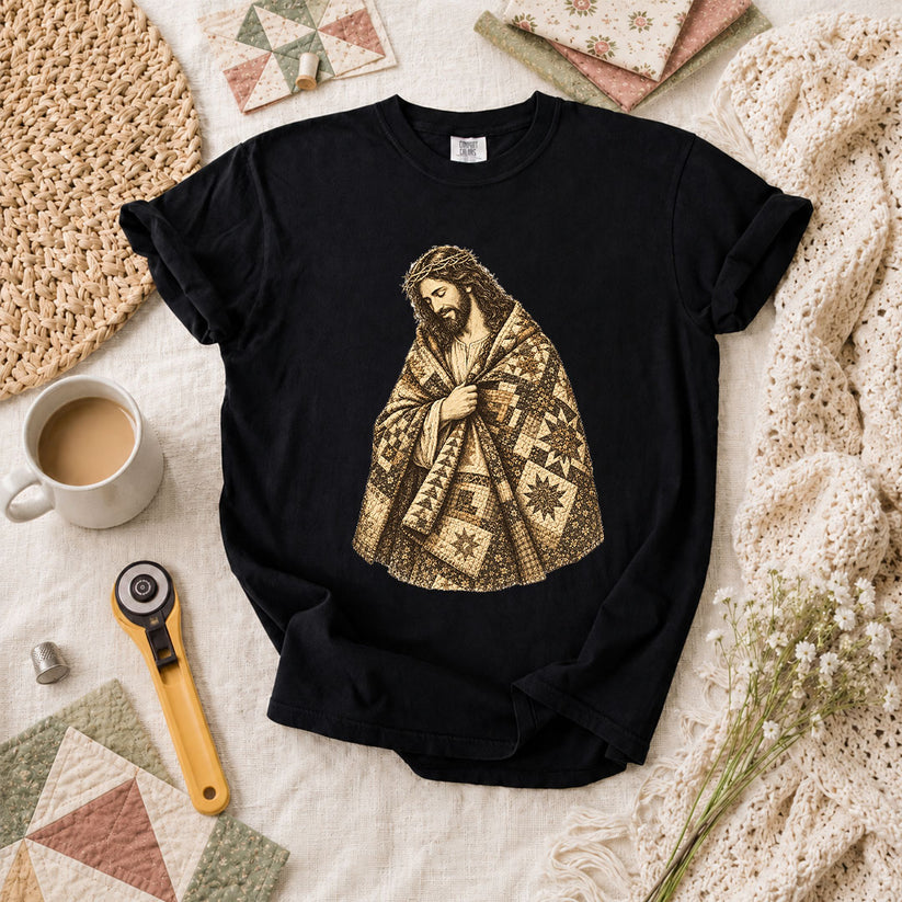Jesus Wrapped In Quilt Robe T-Shirt - Black