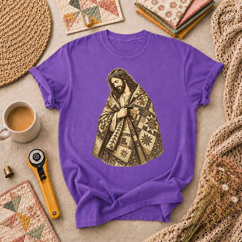 Jesus Wrapped In Quilt Robe T-Shirt - Heather Team Purple