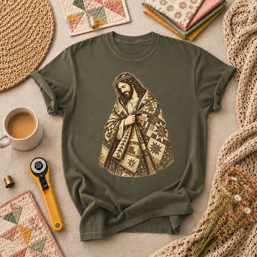 Jesus Wrapped In Quilt Robe T-Shirt - Military Green