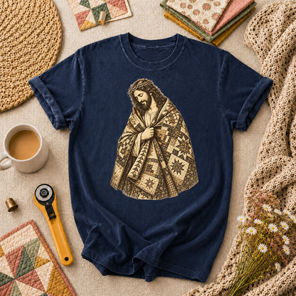 Jesus Wrapped In Quilt Robe T-Shirt - Navy