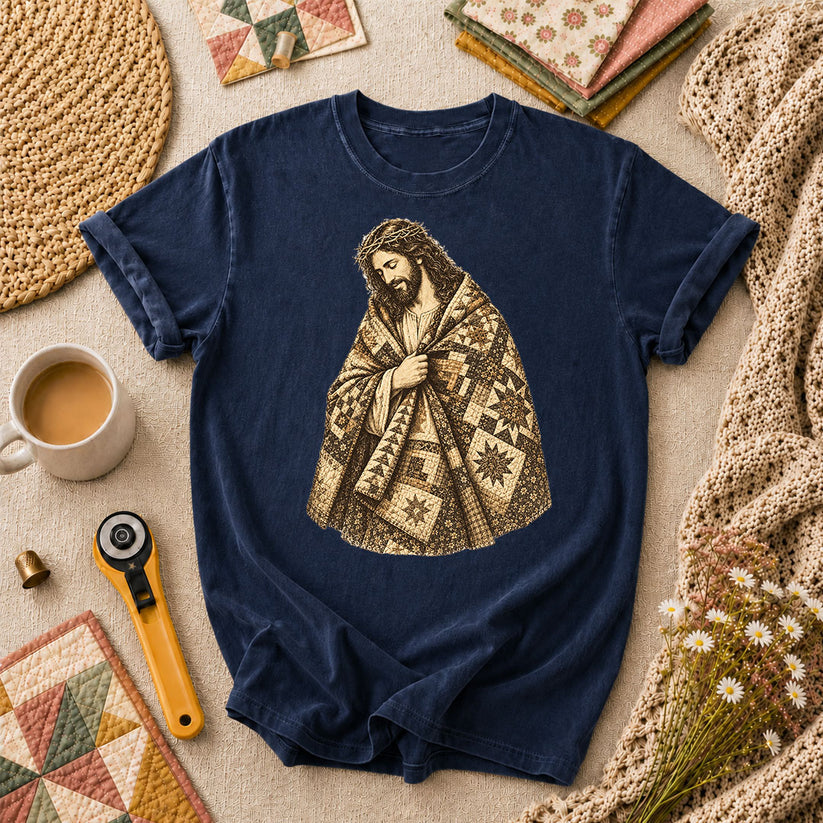 Jesus Wrapped In Quilt Robe T-Shirt - Navy