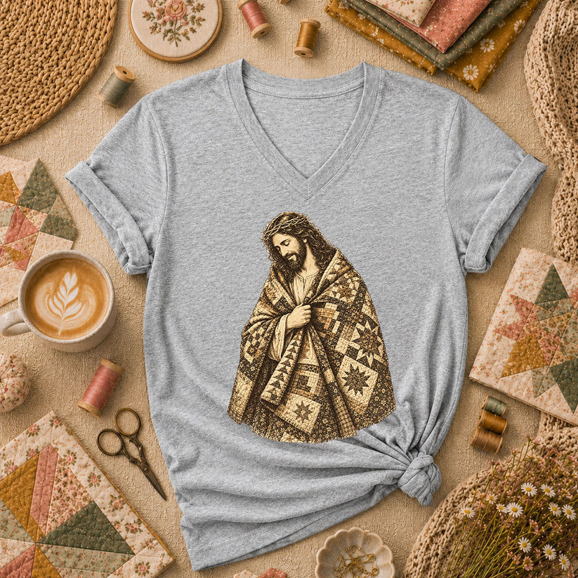 Jesus Wrapped In Quilt Robe Women's V-Neck - Athletic Heather