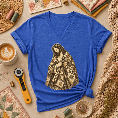 Jesus Wrapped In Quilt Robe Women's V-Neck - Heather True Royal