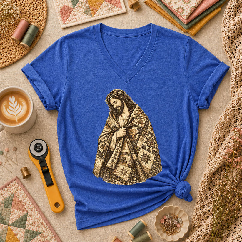 Jesus Wrapped In Quilt Robe Women's V-Neck - Heather True Royal