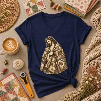Jesus Wrapped In Quilt Robe Women's V-Neck - Navy