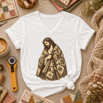 Jesus Wrapped In Quilt Robe Women's V-Neck - White