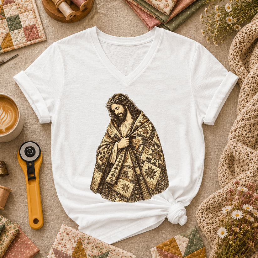 Jesus Wrapped In Quilt Robe Women's V-Neck - White