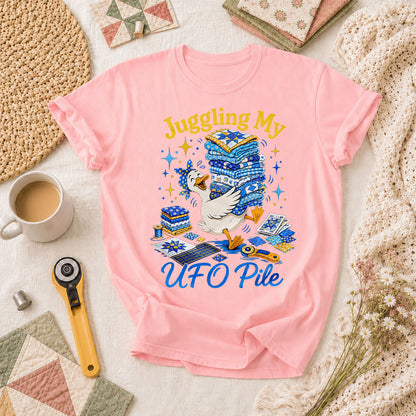 Juggling My UFO Pile T-Shirt - Pink