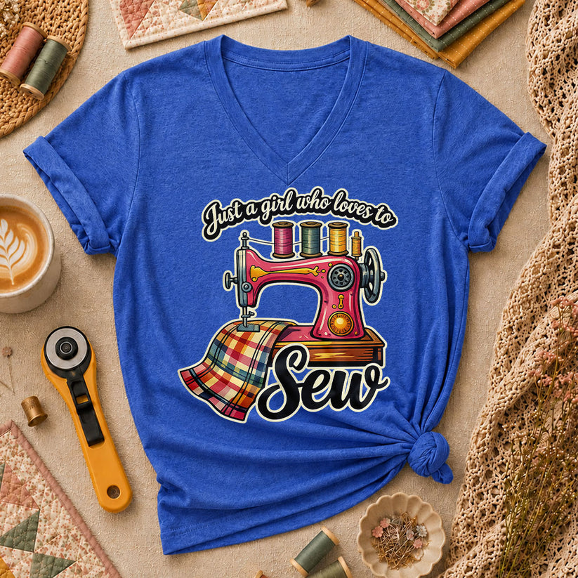 Just A Girl Who Loves To Sew Women's V-Neck - Heather True Royal