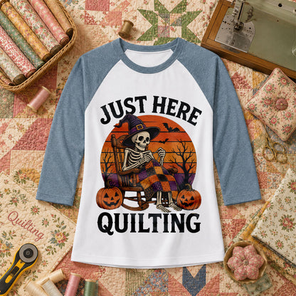 Just Here Quilting Skeleton Halloween Raglan Sleeve - Denim