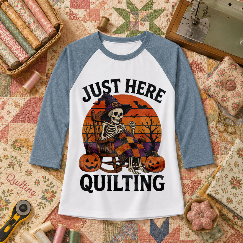 Just Here Quilting Skeleton Halloween Raglan Sleeve - Denim