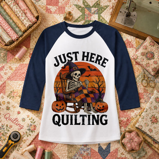 Just Here Quilting Skeleton Halloween Raglan Sleeve - Navy