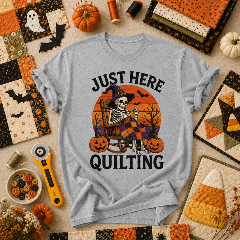Just Here Quilting Skeleton Halloween T-Shirt - Athletic Heather