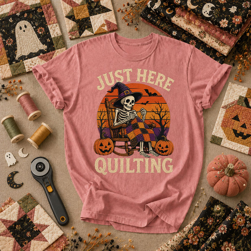 Just Here Quilting Skeleton Halloween T-Shirt - Heather Mauve