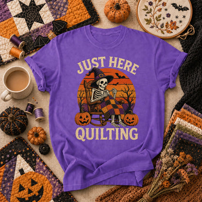 Just Here Quilting Skeleton Halloween T-Shirt - Heather Team Purple