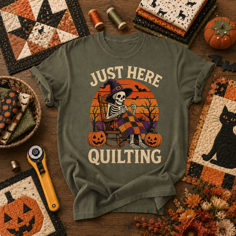 Just Here Quilting Skeleton Halloween T-Shirt - Military Green