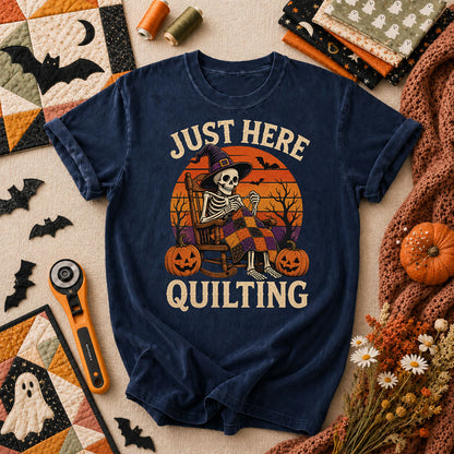 Just Here Quilting Skeleton Halloween T-Shirt - Navy