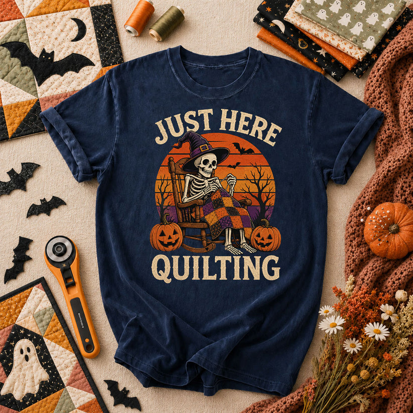 Just Here Quilting Skeleton Halloween T-Shirt - Navy