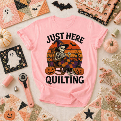 Just Here Quilting Skeleton Halloween T-Shirt - Pink