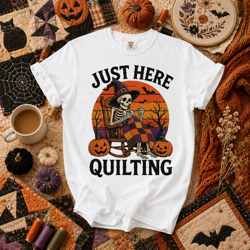 Just Here Quilting Skeleton Halloween T-Shirt - White