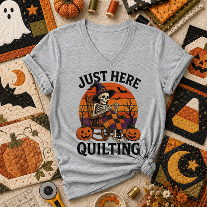 Just Here Quilting Skeleton Halloween Women's V-Neck - Athletic Heather