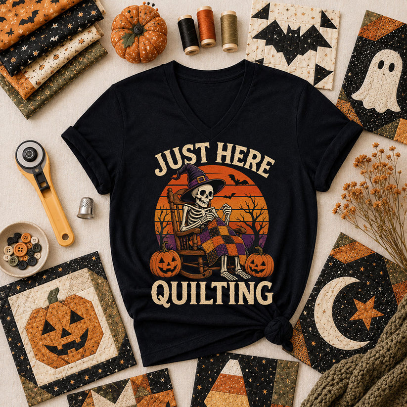 Just Here Quilting Skeleton Halloween Women's V-Neck - Black