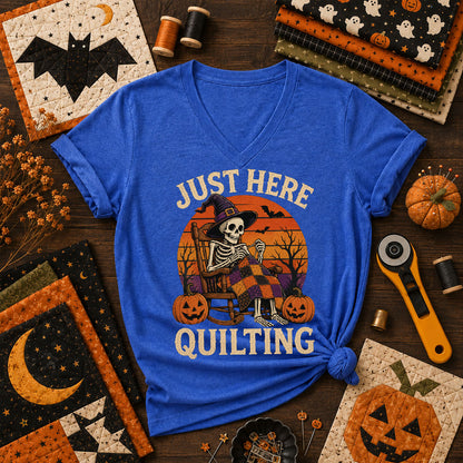 Just Here Quilting Skeleton Halloween Women's V-Neck - Heather True Royal