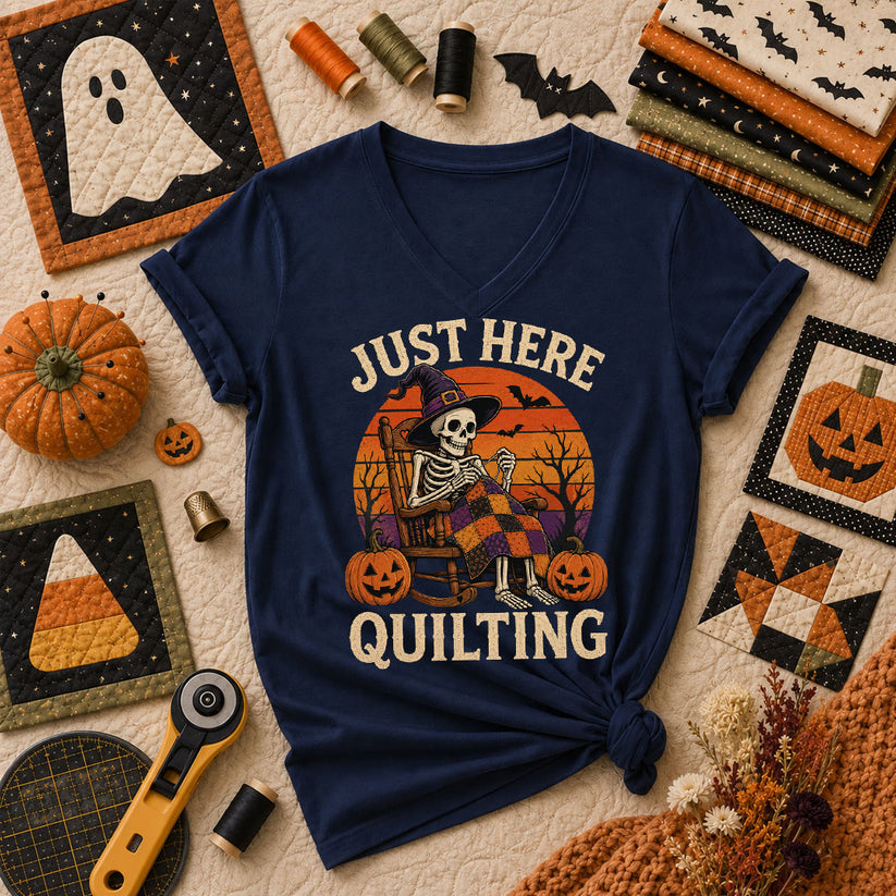 Just Here Quilting Skeleton Halloween Women's V-Neck - Navy