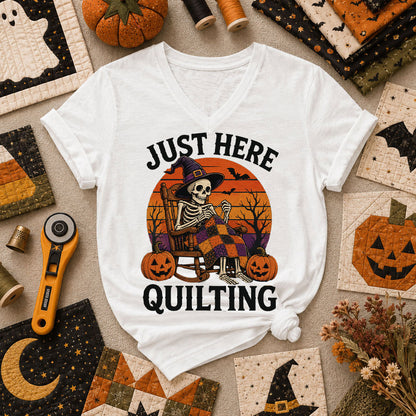 Just Here Quilting Skeleton Halloween Women's V-Neck - White