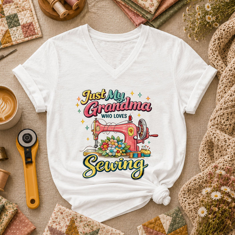 Just My Grandma Who Loves Sewing Women's V-Neck - White