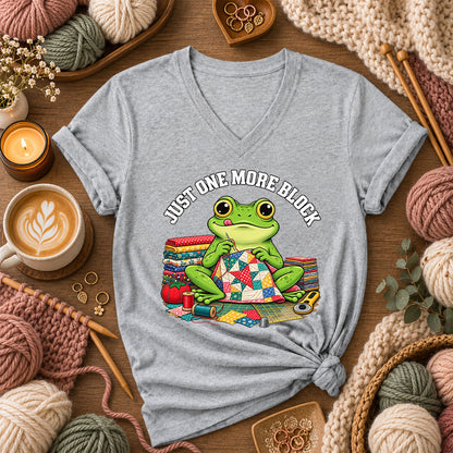 Just One More Block Frog Quilting Women's V-Neck - Athletic Heather