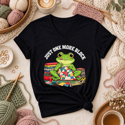 Just One More Block Frog Quilting Women's V-Neck - Black
