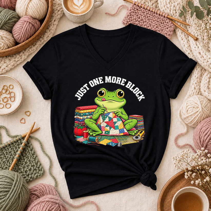 Just One More Block Frog Quilting Women's V-Neck - Black