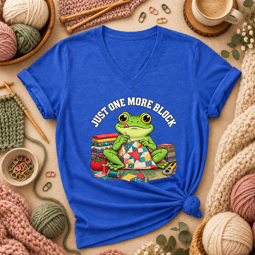 Just One More Block Frog Quilting Women's V-Neck - Heather True Royal
